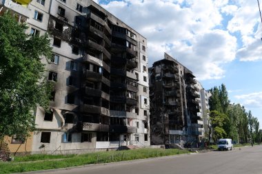 BORODYANKA, UKRAINE, JUNE 8, 2022: After bombing. Russian army of terrorist and marauders dropped bombs and destroyed houses, killed civilians on February 2022. Terror and genocide of Ukrainian people