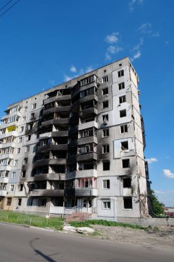 BORODYANKA, UKRAINE, JUNE 8, 2022: After bombing. Russian army of terrorist and marauders dropped bombs and destroyed houses, killed civilians on February 2022. Terror and genocide of Ukrainian people