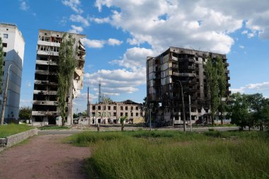 BORODYANKA, UKRAINE, JUNE 8, 2022: After bombing. Russian army of terrorist and marauders dropped bombs and destroyed houses, killed civilians on February 2022. Terror and genocide of Ukrainian people