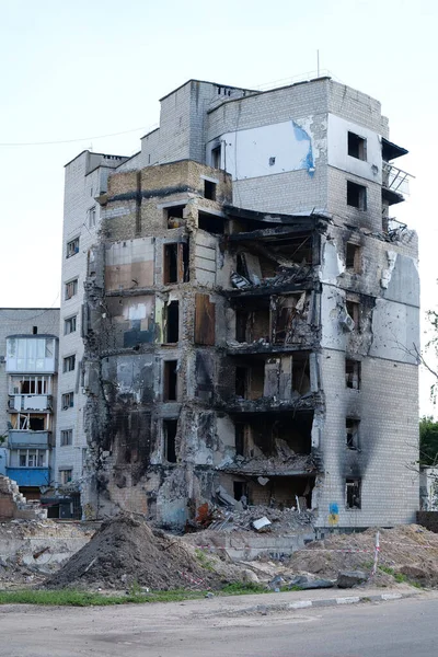 BORODYANKA, UKRAINE, JUNE 8, 2022: After bombing. Russian army of terrorist and marauders dropped bombs and destroyed houses, killed civilians on February 2022. Terror and genocide of Ukrainian people