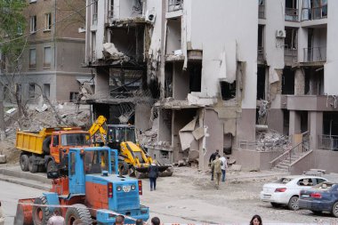 KYIV, UKRAINE, APRIL 29, 2022: After bombing. Dwelling house destroyed by russian missile in Kyiv city on end of April 2022. Russian aggression. War in Ukraine. Terror and genocide of Ukrainian people