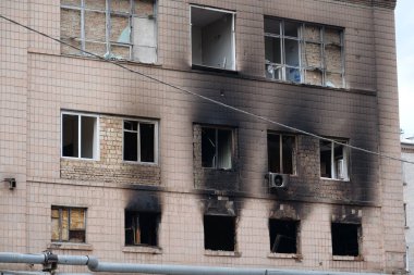 KYIV, UKRAINE, APRIL 29, 2022: After bombing. Dwelling house destroyed by russian missile in Kyiv city on end of April 2022. Russian aggression. War in Ukraine. Terror and genocide of Ukrainian people