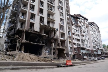 KYIV, UKRAINE, APRIL 29, 2022: After bombing. Dwelling house destroyed by russian missile in Kyiv city on end of April 2022. Russian aggression. War in Ukraine. Terror and genocide of Ukrainian people