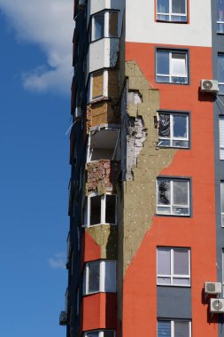 IRPIN, UKRAINE, JUNE 6, 2022: Russian terrorist army damaged dwelling houses and killed people in Irpin town, Kyiv Oblast on March 2022. After bombing.Terror and genocide of Ukrainian people