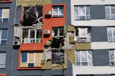 IRPIN, UKRAINE, JUNE 6, 2022: Russian terrorist army damaged dwelling houses and killed people in Irpin town, Kyiv Oblast on March 2022. After bombing.Terror and genocide of Ukrainian people