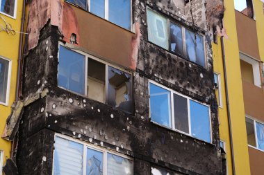 IRPIN, UKRAINE, JUNE 6, 2022: Russian terrorist army damaged dwelling houses and killed people in Irpin town, Kyiv Oblast on March 2022. After bombing.Terror and genocide of Ukrainian people