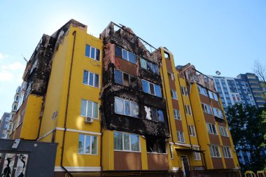 IRPIN, UKRAINE, JUNE 6, 2022: Russian terrorist army damaged dwelling houses and killed people in Irpin town, Kyiv Oblast on March 2022. After bombing.Terror and genocide of Ukrainian people