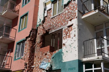 IRPIN, UKRAINE, JUNE 6, 2022: Russian terrorist army damaged dwelling houses and killed people in Irpin town, Kyiv Oblast on March 2022. After bombing.Terror and genocide of Ukrainian people