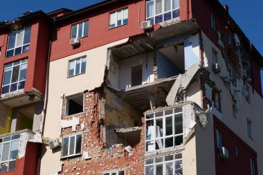 IRPIN, UKRAINE, JUNE 6, 2022: Russian terrorist army damaged dwelling houses and killed people in Irpin town, Kyiv Oblast on March 2022. After bombing.Terror and genocide of Ukrainian people