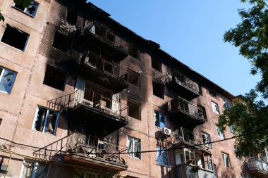 IRPIN, UKRAINE, JUNE 6, 2022: Russian terrorist army damaged dwelling houses and killed people in Irpin town, Kyiv Oblast on March 2022. After bombing.Terror and genocide of Ukrainian people