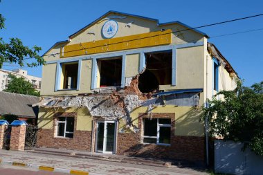 IRPIN, UKRAINE, JUNE 6, 2022: Russian terrorist army damaged dwelling houses and killed people in Irpin town, Kyiv Oblast on March 2022. After bombing.Terror and genocide of Ukrainian people