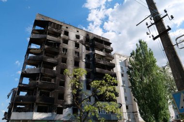 BORODYANKA, UKRAINE, JUNE 8, 2022: After bombing. Russian army of terrorist and marauders dropped bombs and destroyed houses, killed civilians on February 2022. Terror and genocide of Ukrainian people