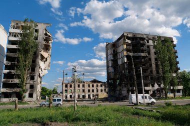 BORODYANKA, UKRAINE, JUNE 8, 2022: After bombing. Russian army of terrorist and marauders dropped bombs and destroyed houses, killed civilians on February 2022. Terror and genocide of Ukrainian people