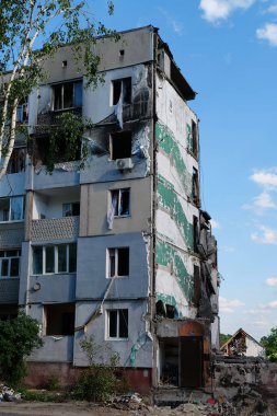 BORODYANKA, UKRAINE, JUNE 8, 2022: After bombing. Russian army of terrorist and marauders dropped bombs and destroyed houses, killed civilians on February 2022. Terror and genocide of Ukrainian people