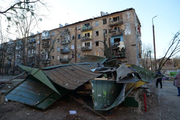 UKRAINE, KYIV, MARCH 20, 2022: Russian missile destroyed houses and garages in residential area in Kyiv city on March 18, 2022. After bombing, war in Ukraine, terror and genocide of Ukrainian people