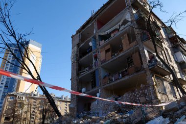 KYIV, UKRAINE, MARCH 20, 2022: After bombing. Russian terrorist army dropped missile and destroyed house in residential district in Kyiv city on March 18, 2022. Terror and genocide of Ukrainian people