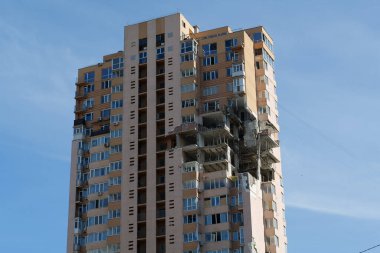 KYIV, UKRAINE, MAY 11, 2022: Russian missile damaged multi-storey dwelling building in Kiev city on February 26, 2022. Russian aggression. War in Ukraine. Terror and genocide of Ukrainian people