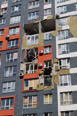 IRPIN, UKRAINE, JUNE 6, 2022: Russian terrorist army damaged dwelling houses and killed people in Irpin town, Kyiv Oblast on March 2022. After bombing.Terror and genocide of Ukrainian people