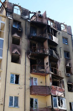 IRPIN, UKRAINE, JUNE 6, 2022: Russian terrorist army damaged dwelling houses and killed people in Irpin town, Kyiv Oblast on March 2022. After bombing.Terror and genocide of Ukrainian people