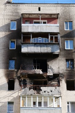 IRPIN, UKRAINE, JUNE 6, 2022: Russian terrorist army damaged dwelling houses and killed people in Irpin town, Kyiv Oblast on March 2022. After bombing.Terror and genocide of Ukrainian people