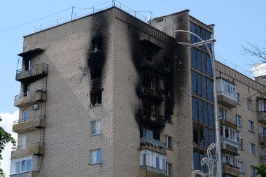 BUCHA, UKRAINE, JUNE 8, 2022: War in Ukraine. Russian army of terrorist and marauders damaged dwelling house in Bucha, Kyiv Region on March 2022. After bombing. Terror and genocide of Ukrainian people