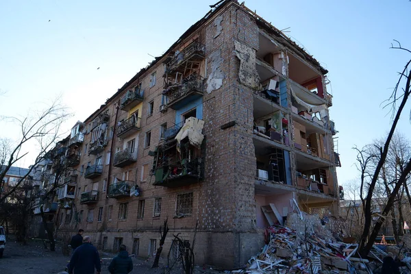 KYIV, UKRAINE, MARCH 20, 2022: After bombing. Russian terrorist army dropped missile and destroyed house in residential district in Kyiv city on March 18, 2022. Terror and genocide of Ukrainian people