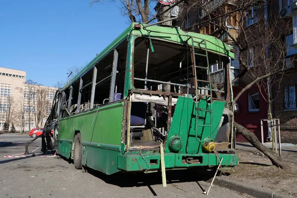 KYIV, UKRAINE, MARCH 20, 2022: After bombing. War in Ukraine. Russian missile destroyed trolleybus in Kyiv city on March 14, 2022. Terror and genocide of Ukrainian people