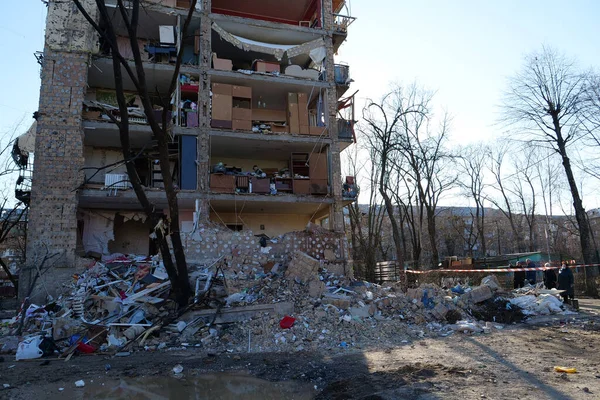 KYIV, UKRAINE, MARCH 20, 2022: After bombing. Russian terrorist army dropped missile and destroyed house in residential district in Kyiv city on March 18, 2022. Terror and genocide of Ukrainian people