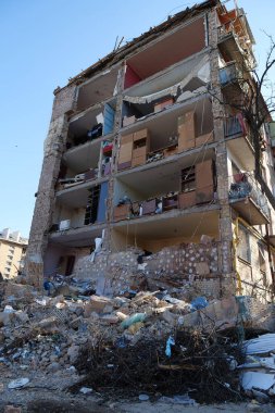 KYIV, UKRAINE, MARCH 20, 2022: After bombing. Russian terrorist army dropped missile and destroyed house in residential district in Kyiv city on March 18, 2022. Terror and genocide of Ukrainian people