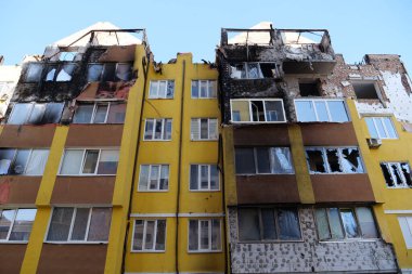 IRPIN, UKRAINE, JUNE 6, 2022: Russian terrorist army damaged dwelling houses and killed people in Irpin town, Kyiv Oblast on March 2022. After bombing.Terror and genocide of Ukrainian people
