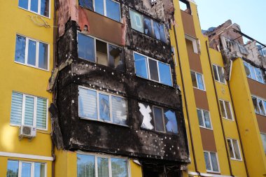 IRPIN, UKRAINE, JUNE 6, 2022: Russian terrorist army damaged dwelling houses and killed people in Irpin town, Kyiv Oblast on March 2022. After bombing.Terror and genocide of Ukrainian people