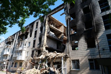 BORODYANKA, UKRAINE, JUNE 8, 2022: After bombing. Russian army of terrorist and marauders dropped bombs and destroyed houses, killed civilians on February 2022. Terror and genocide of Ukrainian people