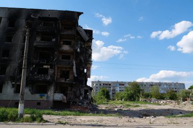 BORODYANKA, UKRAINE, JUNE 8, 2022: After bombing. Russian army of terrorist and marauders dropped bombs and destroyed houses, killed civilians on February 2022. Terror and genocide of Ukrainian people