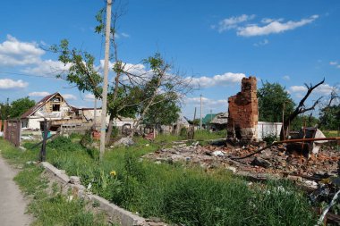 BORODYANKA, UKRAINE, JUNE 8, 2022: After bombing. Russian army of terrorist and marauders dropped bombs and destroyed houses, killed civilians on February 2022. Terror and genocide of Ukrainian people
