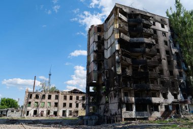 BORODYANKA, UKRAINE, JUNE 8, 2022: After bombing. Russian army of terrorist and marauders dropped bombs and destroyed houses, killed civilians on February 2022. Terror and genocide of Ukrainian people