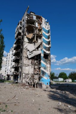 BORODYANKA, UKRAINE, JUNE 8, 2022: After bombing. Russian army of terrorist and marauders dropped bombs and destroyed houses, killed civilians on February 2022. Terror and genocide of Ukrainian people