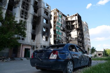BORODYANKA, UKRAINE, JUNE 8, 2022: After bombing. Russian army of terrorist and marauders dropped bombs and destroyed houses, killed civilians on February 2022. Terror and genocide of Ukrainian people
