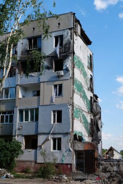 BORODYANKA, UKRAINE, JUNE 8, 2022: After bombing. Russian army of terrorist and marauders dropped bombs and destroyed houses, killed civilians on February 2022. Terror and genocide of Ukrainian people