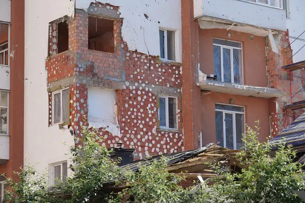 IRPIN, UKRAINE, JUNE 6, 2022: Russian terrorist army damaged dwelling houses and killed people in Irpin town, Kyiv Oblast on March 2022. After bombing.Terror and genocide of Ukrainian people