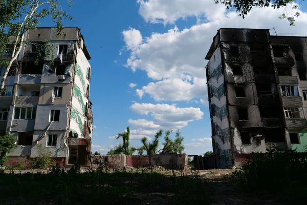 BORODYANKA, UKRAINE, JUNE 8, 2022: After bombing. Russian army of terrorist and marauders dropped bombs and destroyed houses, killed civilians on February 2022. Terror and genocide of Ukrainian people