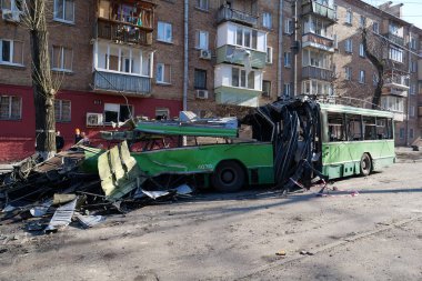 KYIV, UKRAINE, MARCH 20, 2022: After bombing. War in Ukraine. Russian missile destroyed trolleybus in Kyiv city on March 14, 2022. Terror and genocide of Ukrainian people