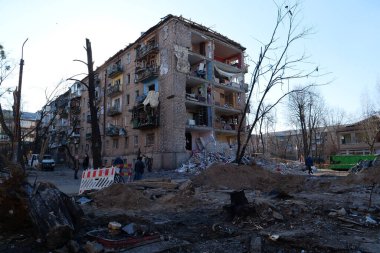 KYIV, UKRAINE, MARCH 20, 2022: After bombing. Russian terrorist army dropped missile and destroyed house in residential district in Kyiv city on March 18, 2022. Terror and genocide of Ukrainian people