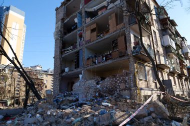 KYIV, UKRAINE, MARCH 20, 2022: After bombing. Russian terrorist army dropped missile and destroyed house in residential district in Kyiv city on March 18, 2022. Terror and genocide of Ukrainian people