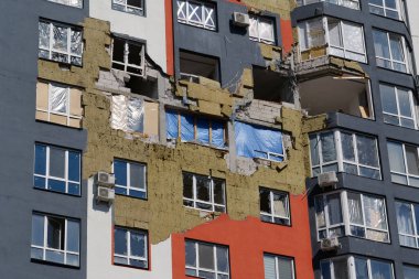 IRPIN, UKRAINE, JUNE 6, 2022: Russian terrorist army damaged dwelling houses and killed people in Irpin town, Kyiv Oblast on March 2022. After bombing.Terror and genocide of Ukrainian people