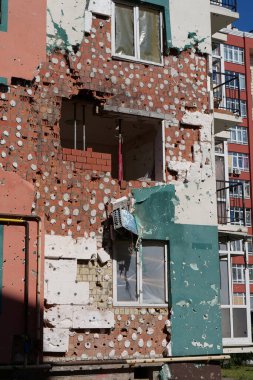 IRPIN, UKRAINE, JUNE 6, 2022: Russian terrorist army damaged dwelling houses and killed people in Irpin town, Kyiv Oblast on March 2022. After bombing.Terror and genocide of Ukrainian people