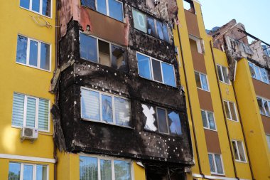 IRPIN, UKRAINE, JUNE 6, 2022: Russian terrorist army damaged dwelling houses and killed people in Irpin town, Kyiv Oblast on March 2022. After bombing.Terror and genocide of Ukrainian people