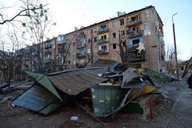 UKRAINE, KYIV, MARCH 20, 2022: Russian missile destroyed houses and garages in residential area in Kyiv city on March 18, 2022. After bombing, war in Ukraine, terror and genocide of Ukrainian people