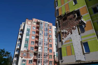 IRPIN, UKRAINE, JUNE 6, 2022: Russian terrorist army damaged dwelling houses and killed people in Irpin town, Kyiv Oblast on March 2022. After bombing.Terror and genocide of Ukrainian people