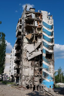 BORODYANKA, UKRAINE, JUNE 8, 2022: After bombing. Russian army of terrorist and marauders dropped bombs and destroyed houses, killed civilians on February 2022. Terror and genocide of Ukrainian people