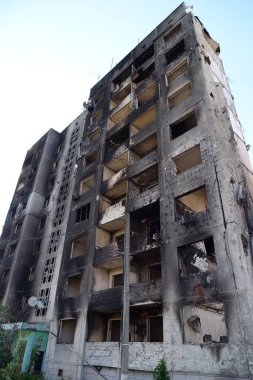 BORODYANKA, UKRAINE, JUNE 8, 2022: After bombing. Russian army of terrorist and marauders dropped bombs and destroyed houses, killed civilians on February 2022. Terror and genocide of Ukrainian people